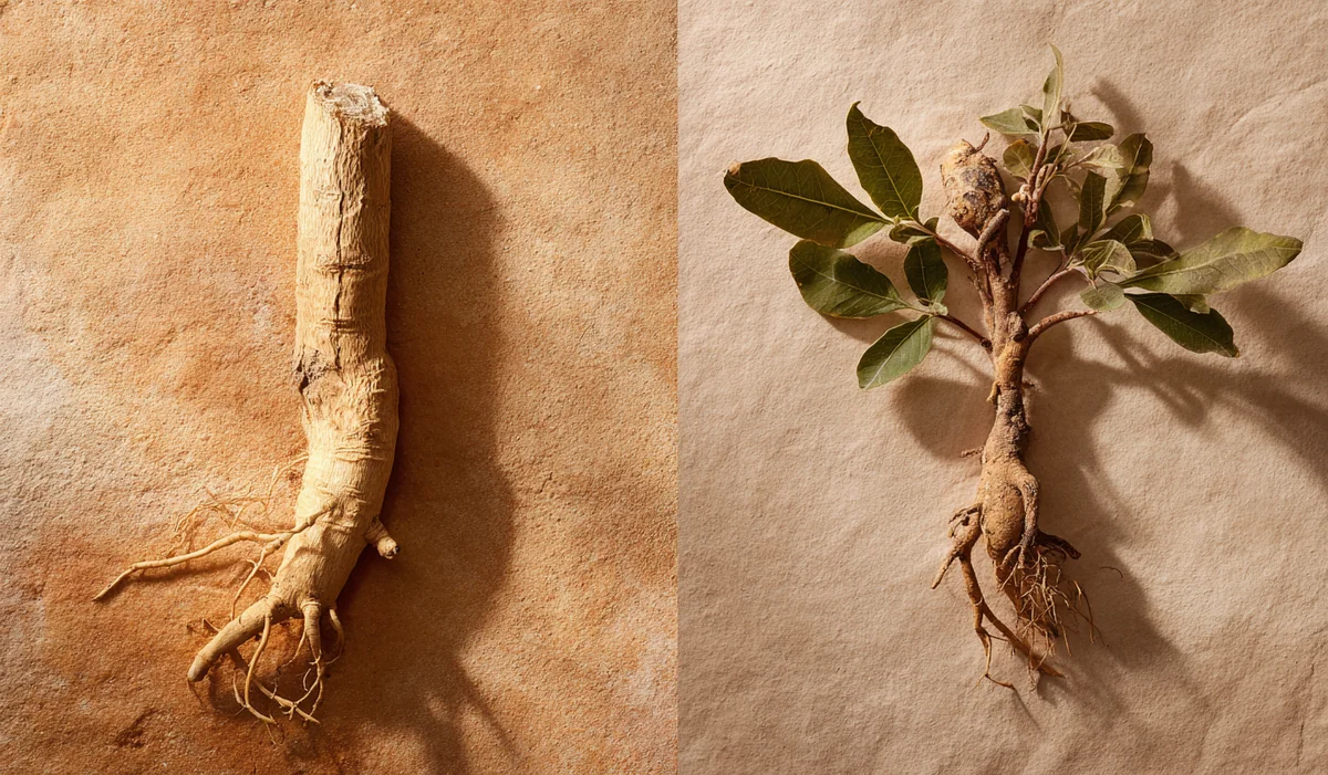 Tongkat Ali root and ashwagandha root side by side